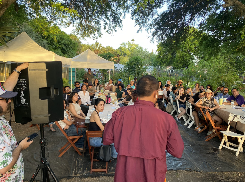 Participants of the last Narrative Change Gathering listen to Farmer Dave talk about the food justice and preservation efforts in Brownsville, Texas.